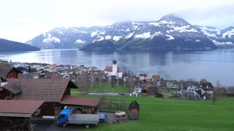 P1422001 A view of a small swiss town. Beckenried, Switzerland - December 20th. Stock Footage 296025101