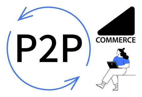 P2P Commerce Concept with Arrows and Woman Using Laptop for Online Transactio 스톡 일러스트