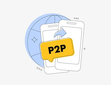 P2P digital loan platform connects online finance users. Peer-to-peer payments - Stock Illustration