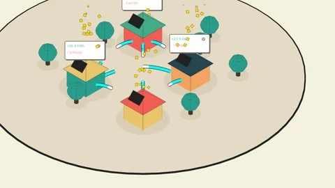 P2P Energy Trading Microgrid Showing Solar Power Sharing Between Houses Video stock 340867676