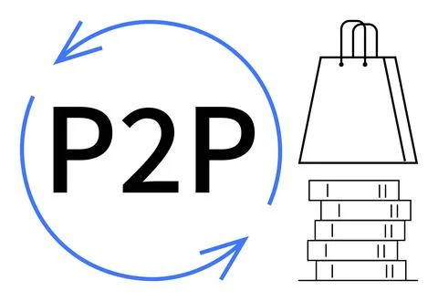 P2P Shopping Concept with Book Stack and Shopping Bag Depicting Peer-to-Pee.. Stock Illustration