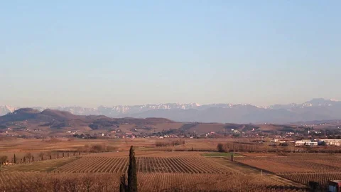 Pacefull winter flat land with vineyard and village and snowed mountains Stock Footage 112051813