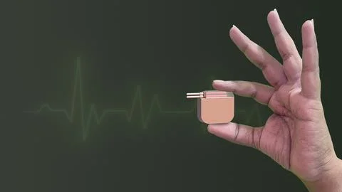 Pacemaker holding in hand with heartbeat wave medical concept Stock Photos