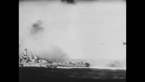 PACIFIC - 1945: Battleship Seen Broadside at Sea Stock Footage 342856719