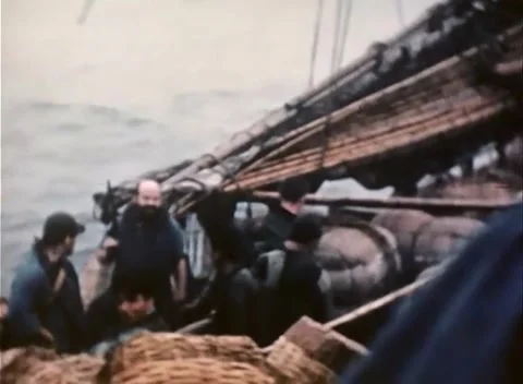 PACIFIC - 1945: Boarded vessel - Coiled rope and timber on a junk's deck Stock Footage 343931524