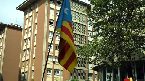 Pacific Catalan protest march for independence after October with flag Stock Footage 119494444