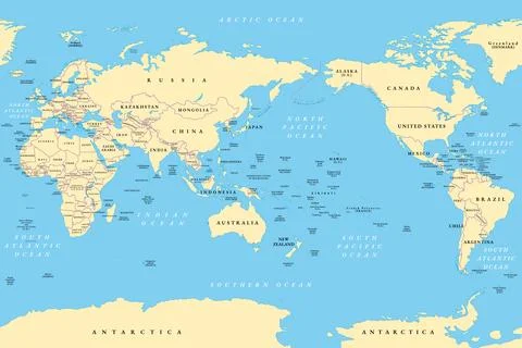 Pacific centered world map, in a cylindrical projection Stock Illustration