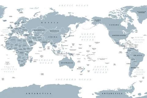 Pacific centered world map, placing the Pacific Ocean at the center Stock Illustration