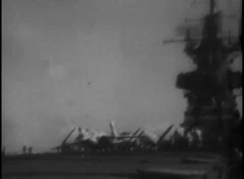 PACIFIC OCEAN - 1945: Carrier deck — parked aircraft crowd the flight deck Video stock 343119666