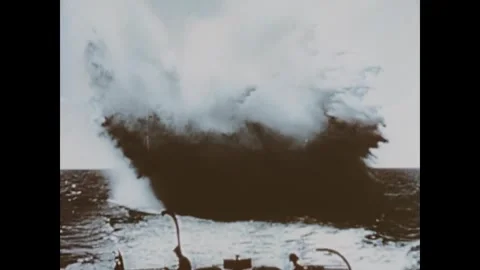 PACIFIC OCEAN - 1955 - Nuclear depth charges are fired by US Navy ships in a Stock Footage 341993998