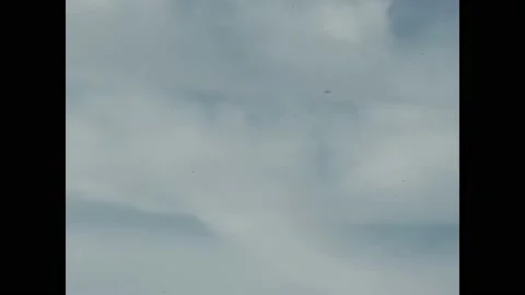 PACIFIC OCEAN - 1970 - Distant view of US Navy pilots parachuting into the Video stock 313050710