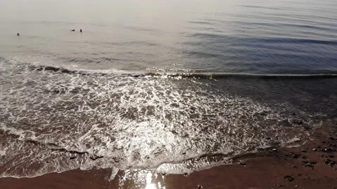 Pacific Ocean Beach, Surfers Paddle in Distance, Aerial View Stock Footage 146155908