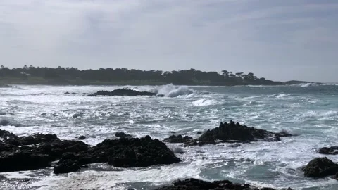 Pacific Ocean. Huge waves hitting the stone shore. Stock Footage 187758466