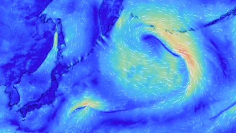Pacific Ocean Meteorological Map Showing Wind Speed Direction and Currents 4K Stock Footage 337095231