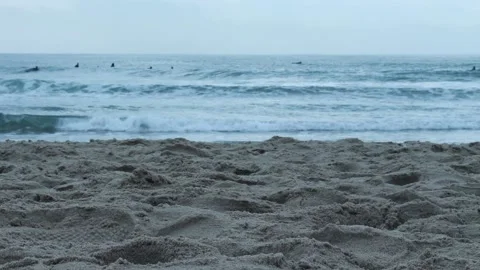 Pacific Ocean Waves Surfers Slow Moving Sandy Beach Stock Footage 211412759