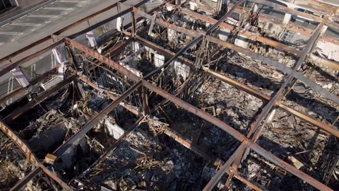 Pacific Palisades Fire aftermath, building completely damaged by fire Stock Footage 300577283