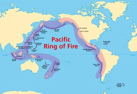 Pacific Ring of Fire, also known as Rim of Fire, map with ocean trenches Stock Illustration