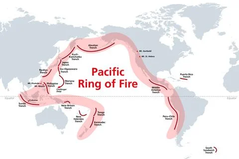 Pacific Ring of Fire, Rim of Fire, world map with ocean trenches Stock Illustration