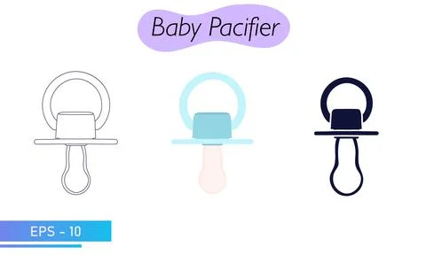 A pacifier for a baby. Nipple. In solid fill, in lines and in color. Icons. Baby Stock Illustration