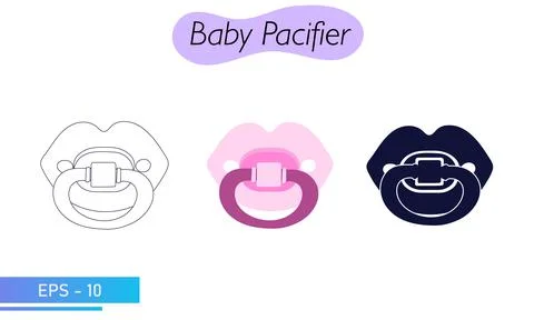 A pacifier for a baby. In solid fill, in lines and in color. Icons. Baby care Stock Illustration