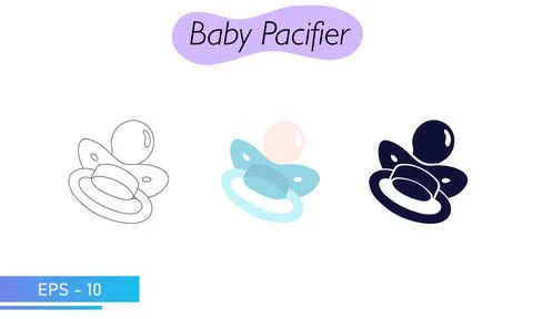 A pacifier for a baby. In solid fill, in lines and in color. Icons. Baby care Stock Illustration