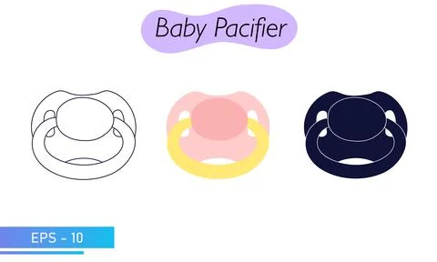 A pacifier for a small child. A pacifier for a baby. In solid fill, in lines and Stock Illustration