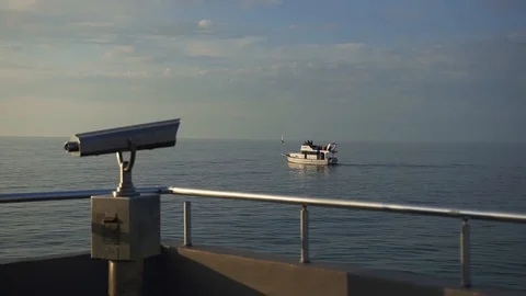 Pacifying landscape of sea or ocean horizon, boat and yacht go to black sea Stock Footage 117437253