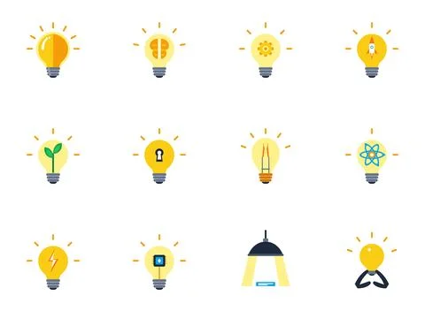 Pack of 12 Idea and Light Bulb Icons, Creative Concept Vector Design 库存插图