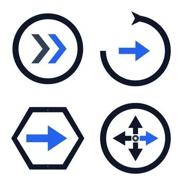 Pack of 4 Blue Navigation Arrow Set 4 Dark Direction Icons Vector Modern UI.. Stock Illustration