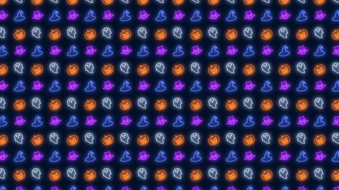 Pack of 8 Halloween Combo of Pumpkin, Ghost, Witch Hat and Bat in Neon Stock Footage 118043271