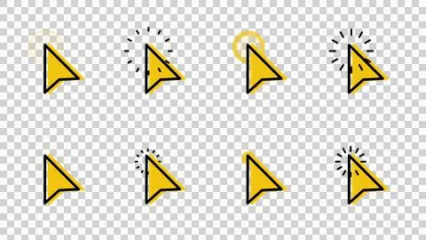 Pack of animated yellow mouse pointer icons on transparent background. 库存插图