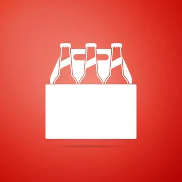 Pack of beer bottles icon isolated on red background. Case crate beer box sign Ilustração Stock