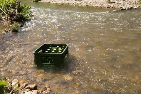 A pack of beer is cooling in the river Stock Photos
