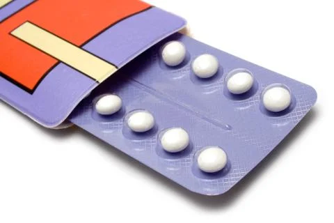 Pack of Birth Control Pills Close View Isolated on a White Background 스톡 사진