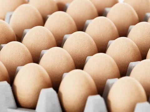 Pack of brown eggs with depth of field effect. 3D illustration Pack of bro... Foto stock