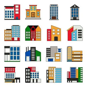 Pack of Buildings and Edifice Flat Icons Illustrazione stock