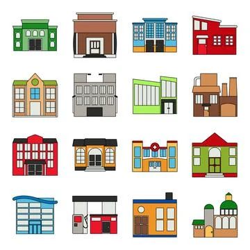 Pack of Buildings and Structure Flat Icons Stock Illustration