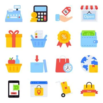 Pack of Buying Flat Icons Stock Illustration
