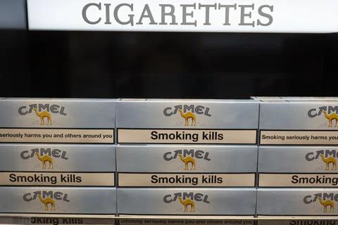 Pack of Camel cigarettes seen displayed on the shelf of Duty Free store in Bo Stock Photos
