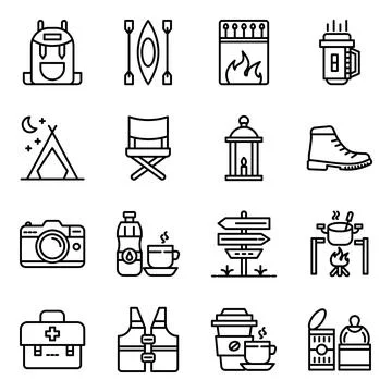 Pack of Camping Accessories Linear Icons Stock Illustration