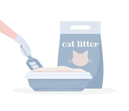 A pack of cat litter and a gloved hand with a shovel cleaning a cat toilet Stock Illustration