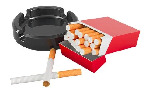 Pack of cigarettes with ashtray, 3D rendering Stock Illustration