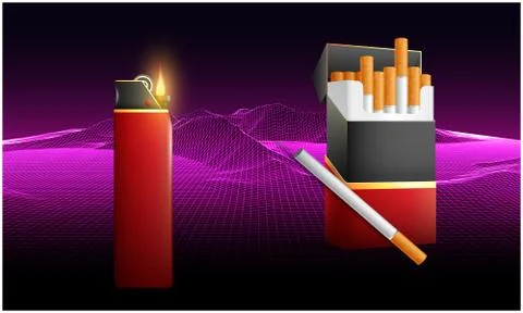 Pack of cigarettes with light box on abstract wave background Illustrazione stock