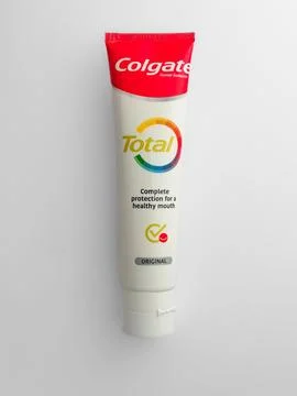 Pack of Colgate brand tooth paste on a white background 스톡 사진