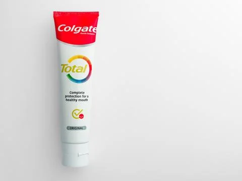 Pack of Colgate brand tooth paste on a white background 스톡 사진