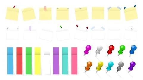 Pack of colored office paper stickers and metal pins with shadows isolated on Stock Illustration
