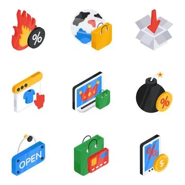 Pack of Commerce Flat Isometric Icon Stock Illustration