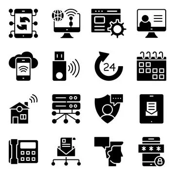 Pack of Communication, Technology and Devices Solid Icons Stock-Illustration