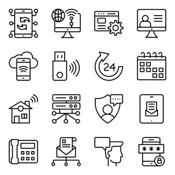 Pack of Communication, Technology and Devices Linear Icons Stock Illustration