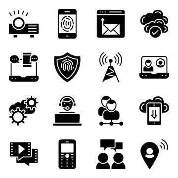 Pack of Communication Technology Solid Icons Stock Illustration